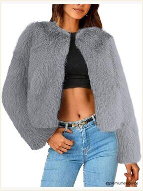 Faux Fur Cropped Jacket Long Sleeve Open Front Warm Shaggy Coat